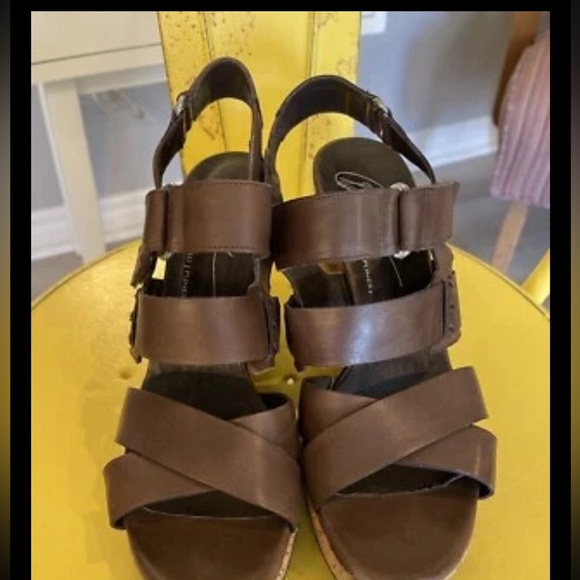Donald J Pliner Leather Sandals Brown Sz 7 Gretal Cork Platform Wedge Boho Spain - Picture 2 of 9